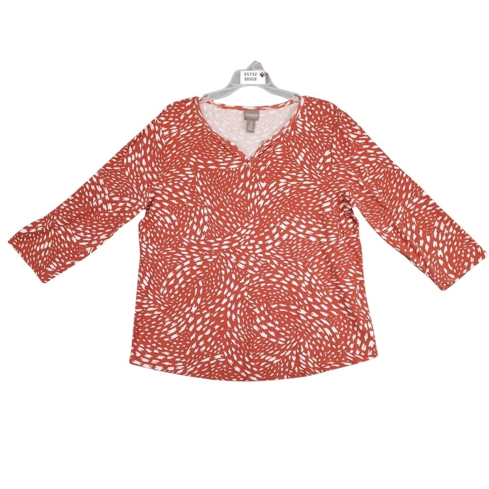 Chico's Abstract Print Blouse Top Sz 3 Womens XL V-Neck 3/4 Sleeve Orange White